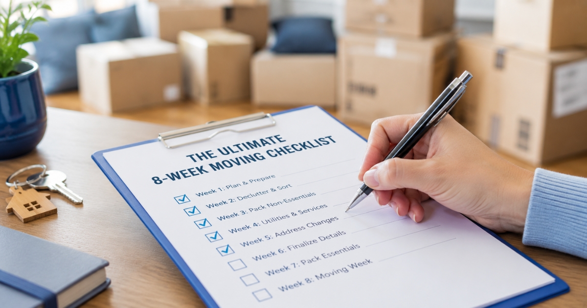 A person checking off tasks on an 8-week moving house checklist