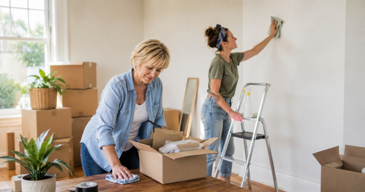 A person cleaning a wall corner in an empty rental property to ensure a successful bond inspection.
