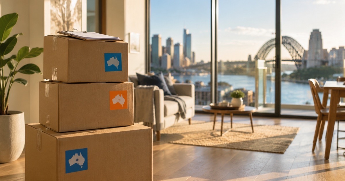 Professionally packed brown moving boxes stacked in a sunlit apartment with the Sydney skyline visible through the window.