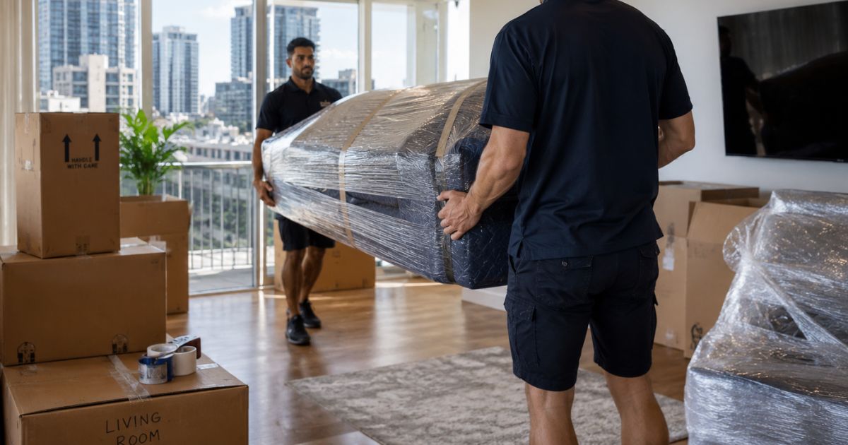 Professional removalists unloading furniture after an interstate move from Melbourne to Brisbane
