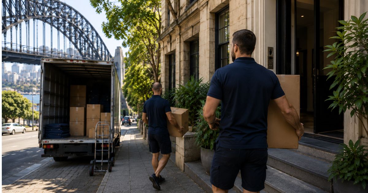 Professional interstate removalists delivering moving boxes to a home in Sydney